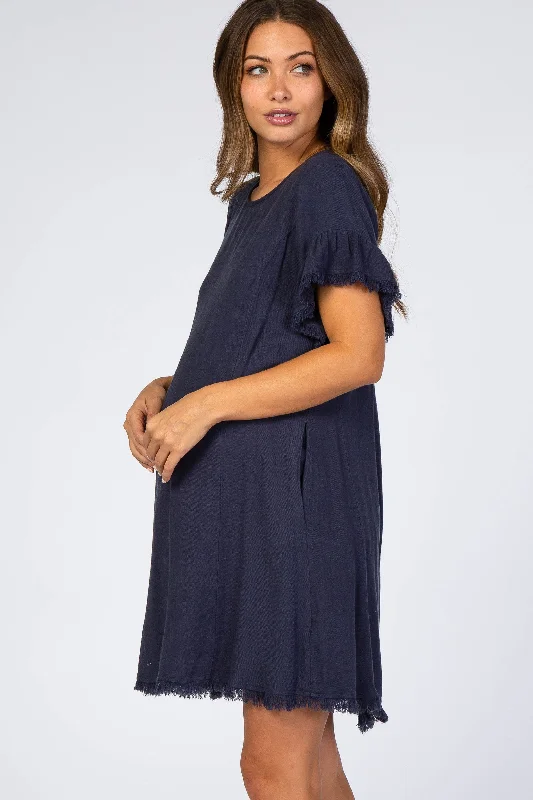 navy-frayed-trim-back-keyhole-linen-maternity-dress