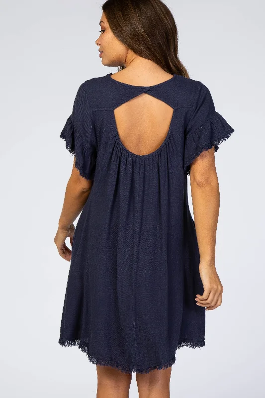 navy-frayed-trim-back-keyhole-linen-maternity-dress