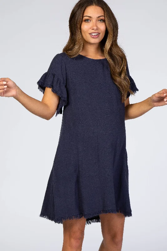 navy-frayed-trim-back-keyhole-linen-maternity-dress