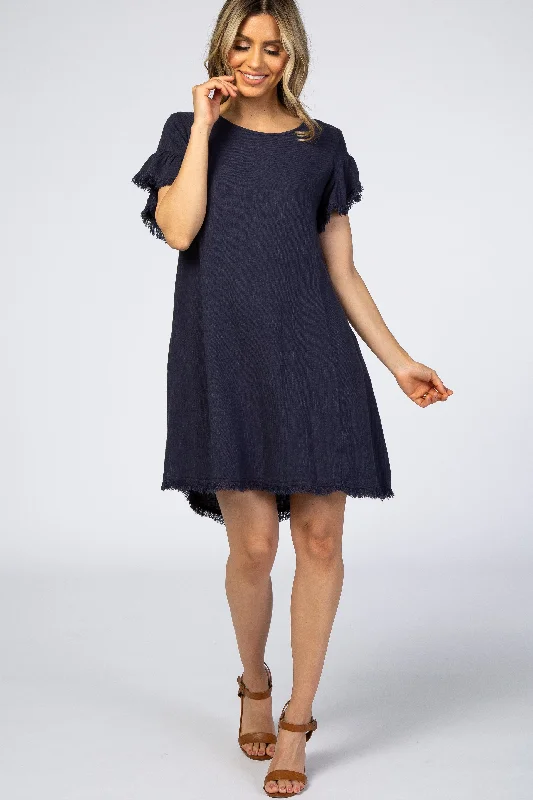 navy-frayed-trim-back-keyhole-linen-maternity-dress