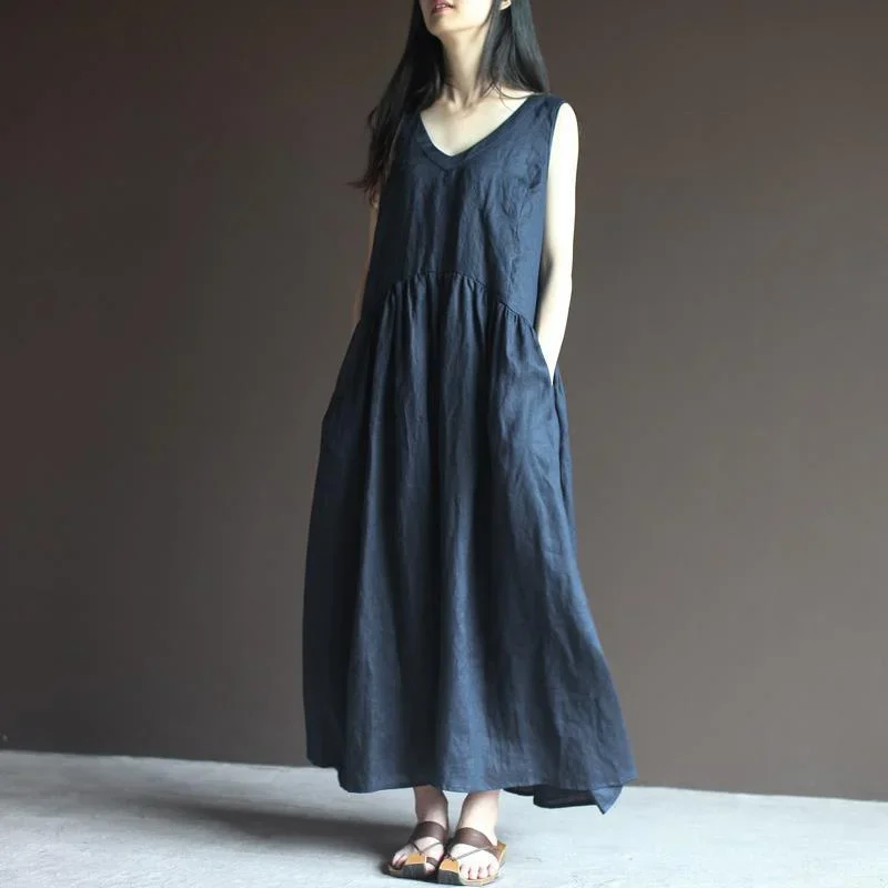 Navy linen dresss for summer maxi dresses sleeveless long sundress casual dresses