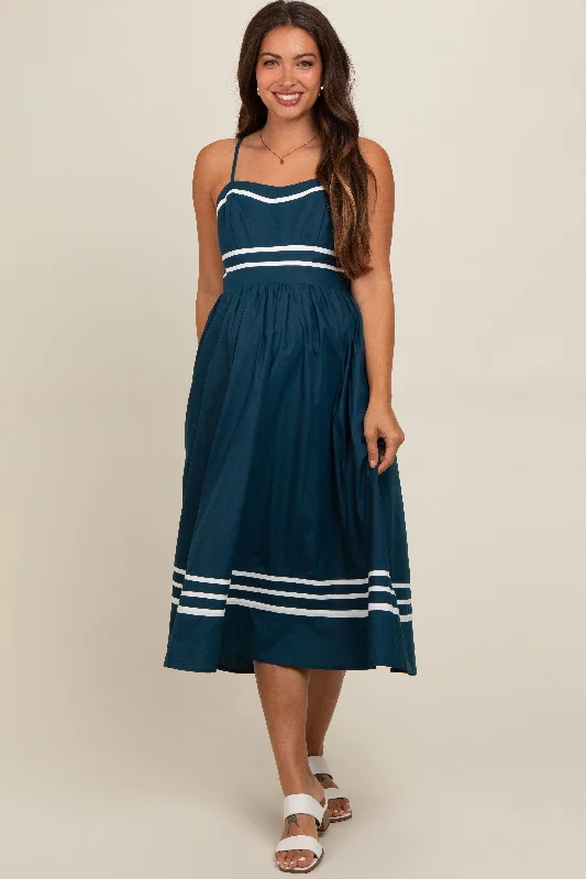 Navy Stripe Accent Maternity Midi Dress