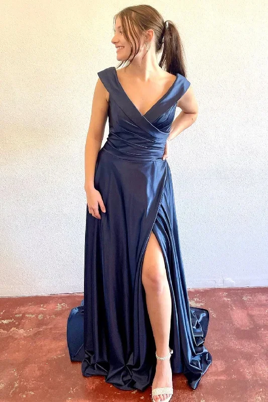 Navy Surplice A-Line Long Formal Dress with Slit