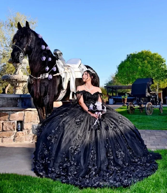 New Design 2024 Princess Black 3D Flowers Quinceanera Dresses With Cape Off Shoulder Ball Gown Wedding Gowns Sweet 16 Dresses