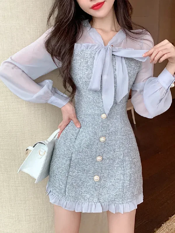 New Spring Vintage Sexy See-through Chiffon Patchwork Tweed Mini Dress Women Ribbon Bow Single-breasted Long Sleeve Party Dress