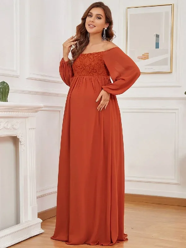 off-shoulder-sheer-lace-long-sleeve-maternity-dress-ey20819