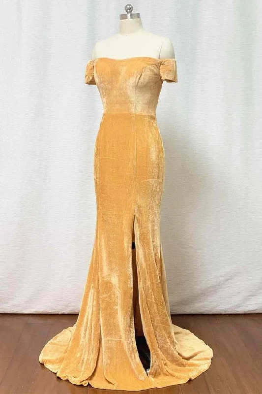 off-the-shoulder-gold-mermaid-velvet-bridesmaid-dress