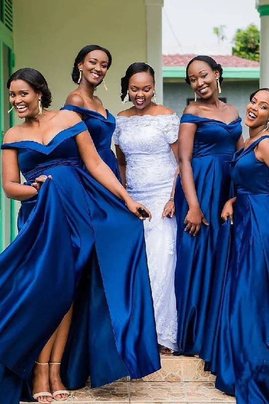 Off the Shoulder Royal Blue Long Bridesmaid Dress with Slit