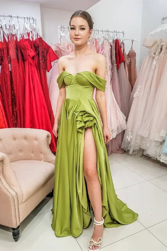 Olive Green Off-the-shoulder High Slit Prom Dress