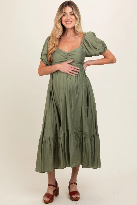 olive-ruched-sweetheart-neck-tiered-maternity-midi-dress