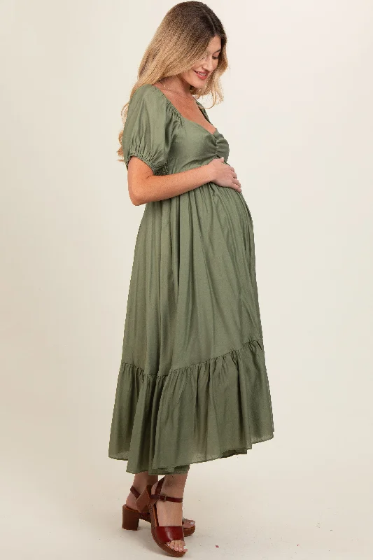 olive-ruched-sweetheart-neck-tiered-maternity-midi-dress