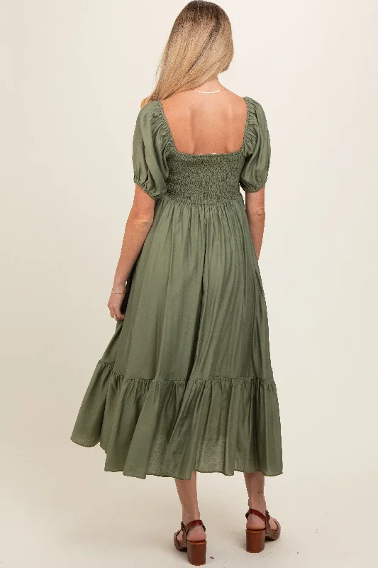 olive-ruched-sweetheart-neck-tiered-maternity-midi-dress