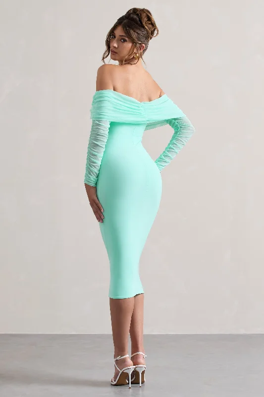 only-you-mint-ruched-mesh-bardot-midi-dress-cl124595192