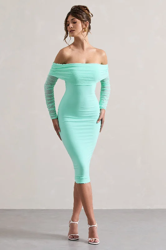 only-you-mint-ruched-mesh-bardot-midi-dress-cl124595192