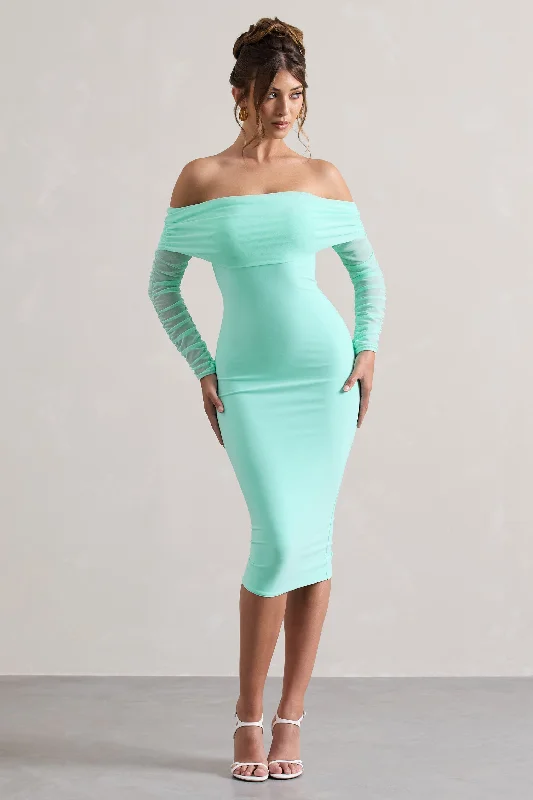 only-you-mint-ruched-mesh-bardot-midi-dress-cl124595192