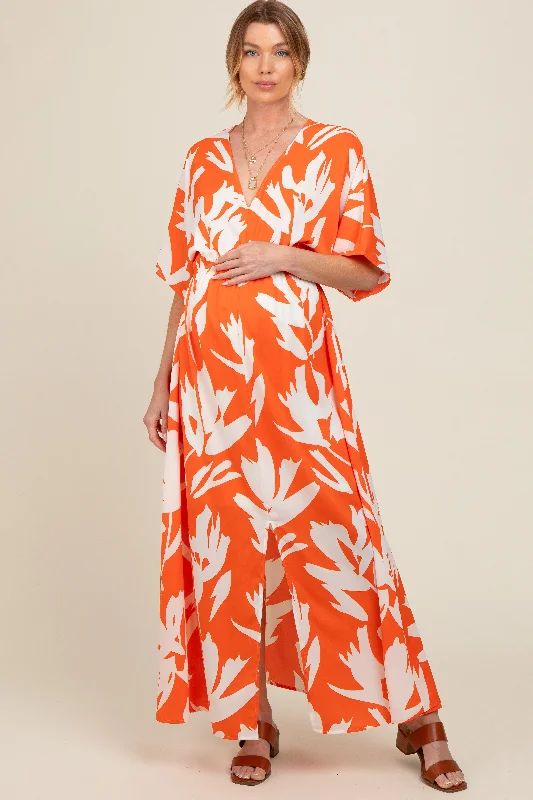 Orange Floral Double V-Neck Front Slit Maternity Maxi Dress