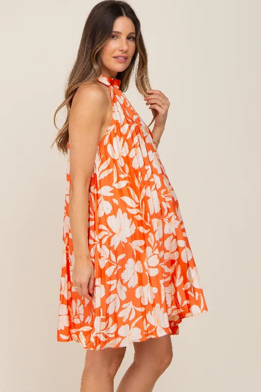 orange-floral-pleated-mock-neck-maternity-dress