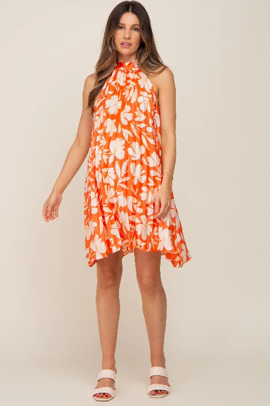 orange-floral-pleated-mock-neck-maternity-dress