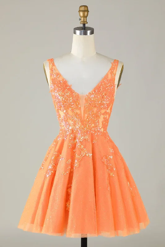 Orange Glitter Applique V-Neck A-Line Homecoming Dress