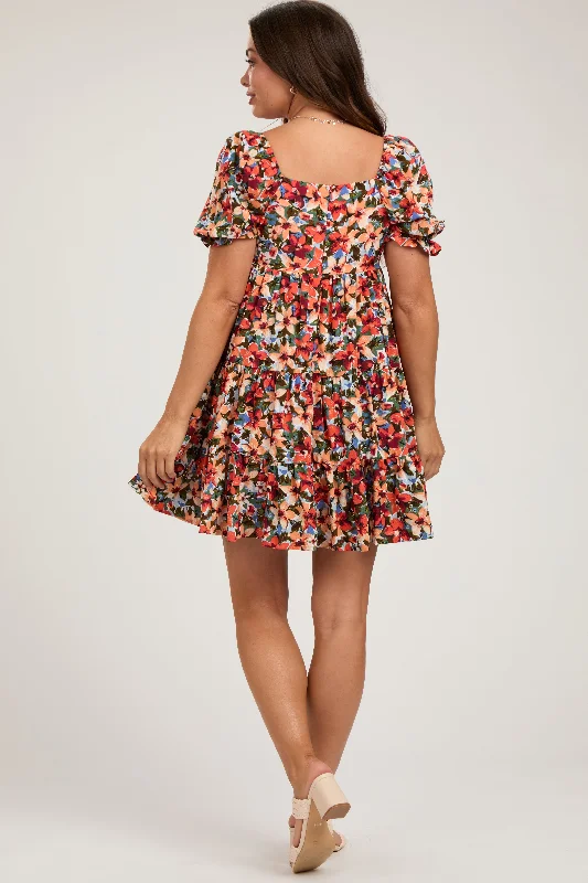 orange-multi-color-floral-puff-sleeve-ruffle-hem-maternity-dress