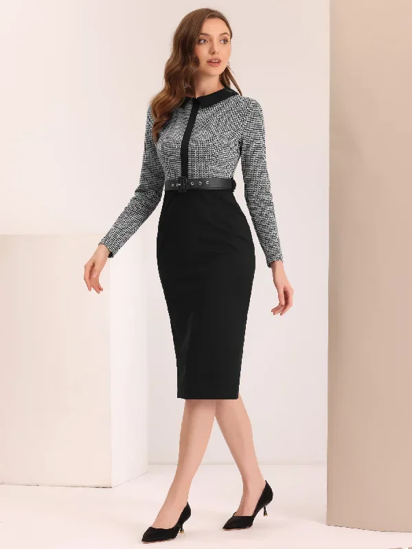 Long Sleeve Contrast Placket Houndstooth Print Bodycon Dress