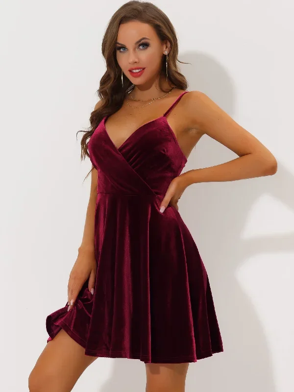 Wrap V Neck Adjustable Spaghetti Strap Backless Velvet Dress