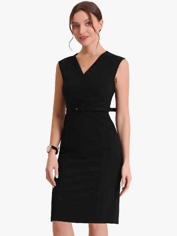 Sheath Sleeveless V Neck Business Office Belt Pencil Dress