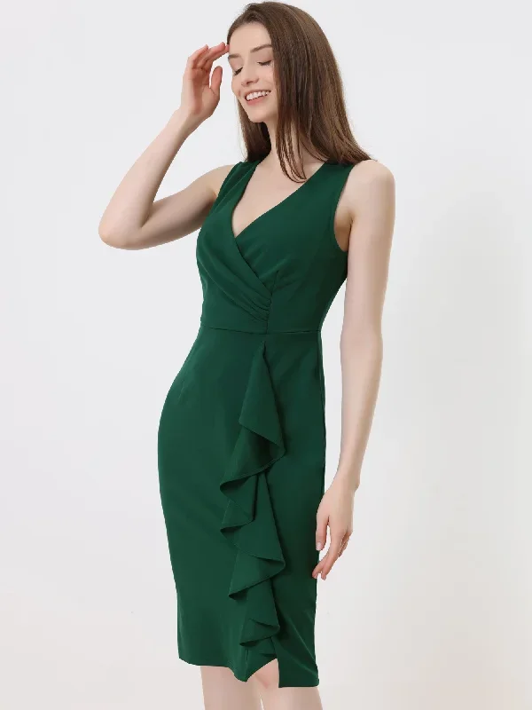 Sleeveless V Neck Ruched Elegant Solid Color Ruffle Sheath Dress