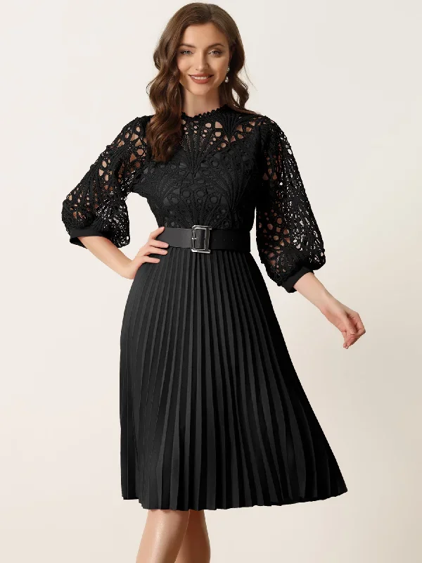 Floral Lace 3/4 Sleeve Belted Panel A-Line Pleated Dress