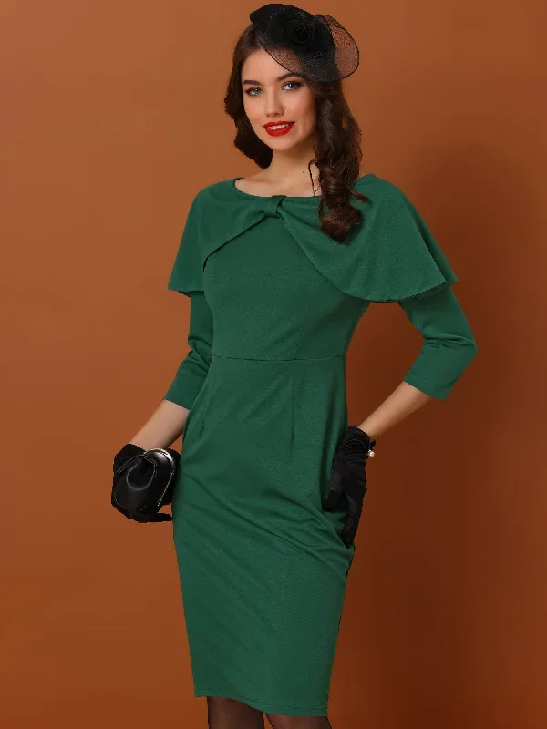 3/4 Sleeve Midi High Waist Bow Tie Neck Invisible Zipper Dress