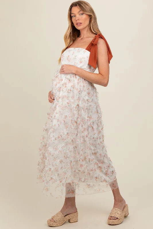 Peach Floral Ruffle Tiered Maternity Maxi Dress