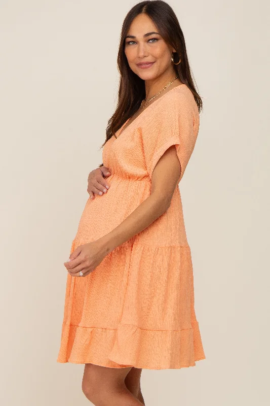 peach-v-neck-tiered-cutout-back-maternity-dress