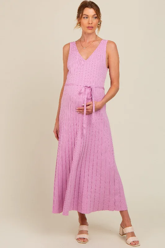 Pink Pleated V-Neck Waist Tie Sweater Maternity Maxi Dress