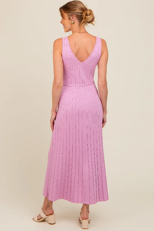 pink-pleated-v-neck-waist-tie-sweater-maternity-maxi-dress