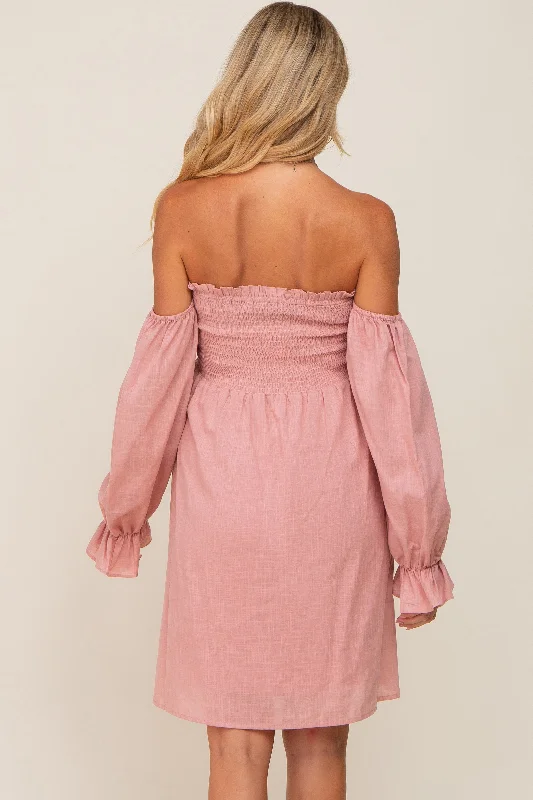 pink-smocked-off-shoulder-long-sleeve-maternity-dress