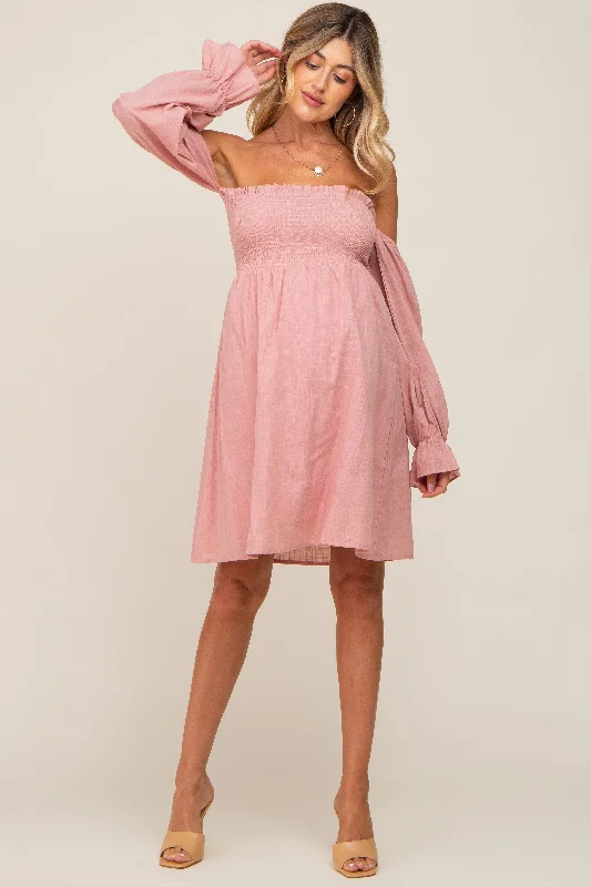 pink-smocked-off-shoulder-long-sleeve-maternity-dress