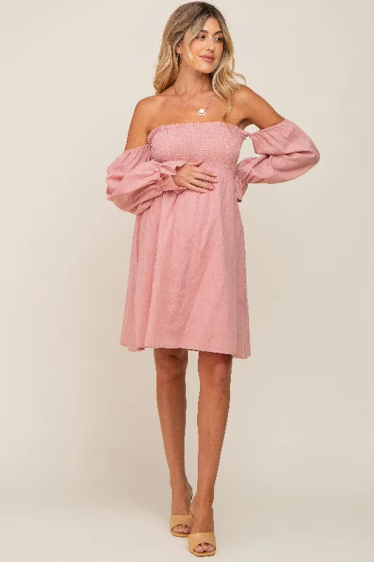 pink-smocked-off-shoulder-long-sleeve-maternity-dress