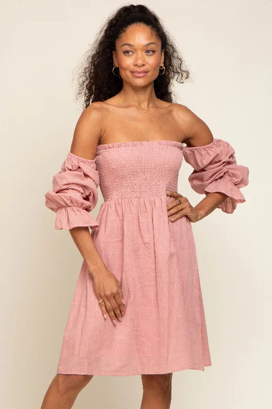 pink-smocked-off-shoulder-long-sleeve-maternity-dress