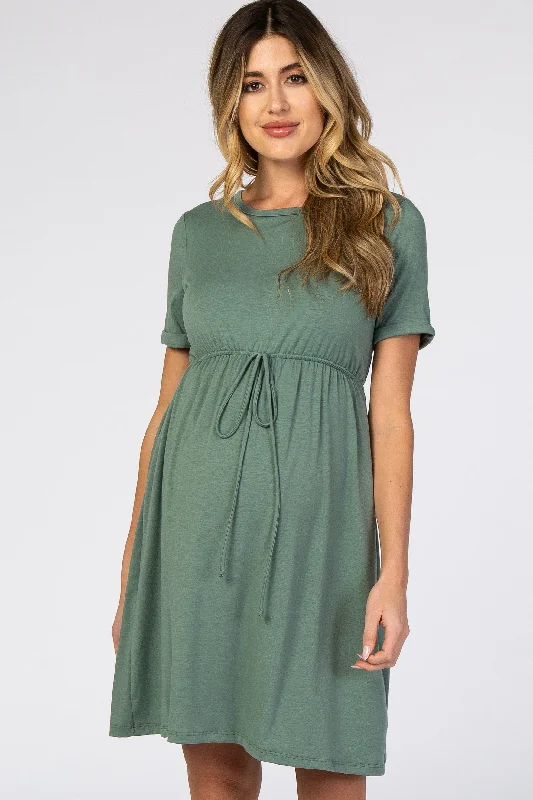 PinkBlush Sage Green Cuff Sleeve Waist Tie Maternity Dress