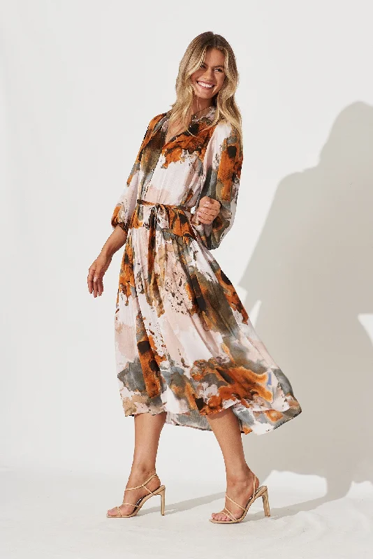 Pippa Maxi Dress In Grey With Rust Print Chiffon