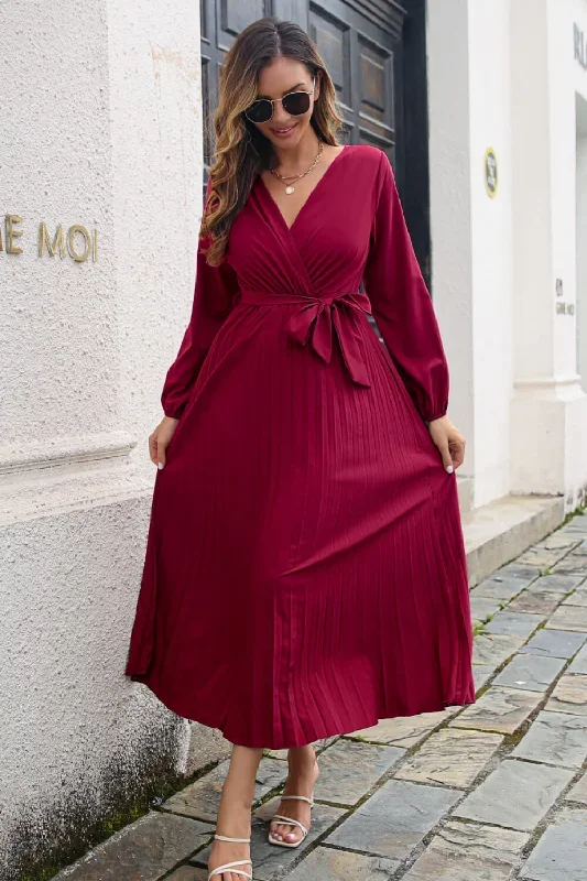 pleated-long-sleeve-surplice-maxi-midi-dress