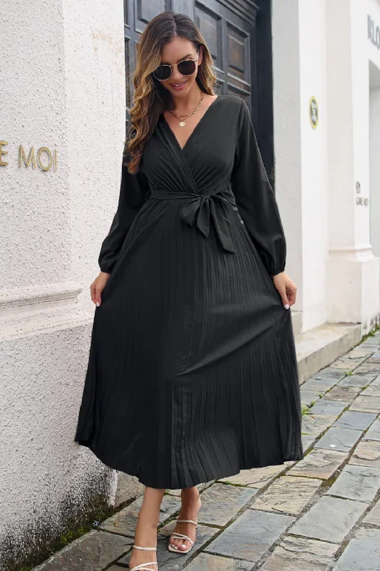 pleated-long-sleeve-surplice-maxi-midi-dress