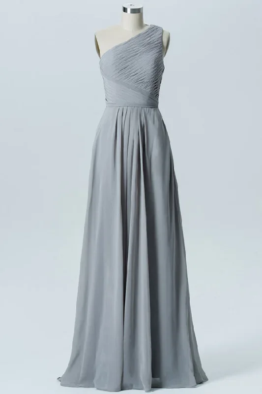 Pleated One-Shoulder Grey Long Bridesmaid Dress