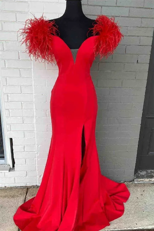 plunging-v-neck-off-the-shoulder-feathered-red-long-party-dress