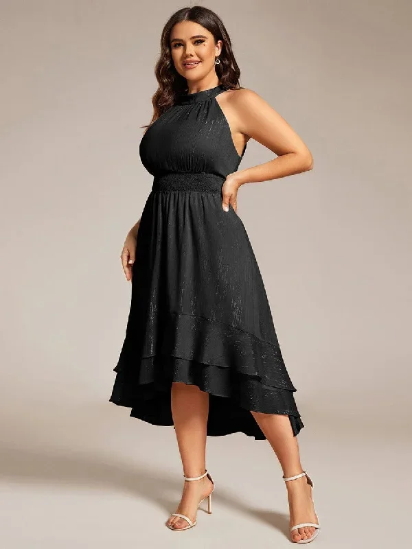 Plus Size Glittery Sleeveless Halter Neck Midi Wedding Guest Dress