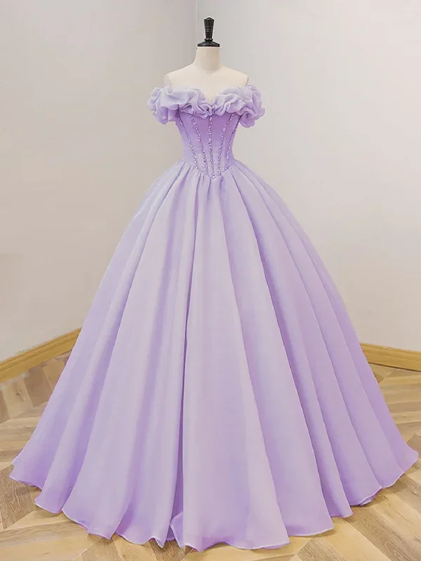 Purple A-Line Off Shoulder Long Prom Dresses, Purple Sweet 16 Dress