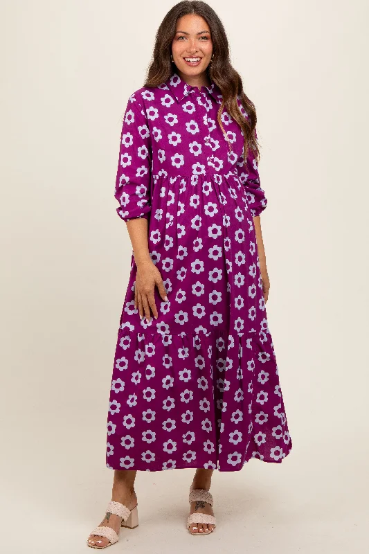 Purple Floral 3/4 Sleeve Collared Maternity Maxi Dress
