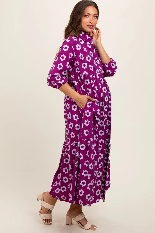 purple-floral-3-4-sleeve-collared-maternity-maxi-dress