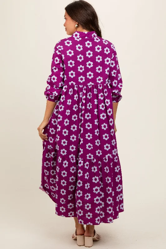 purple-floral-3-4-sleeve-collared-maternity-maxi-dress