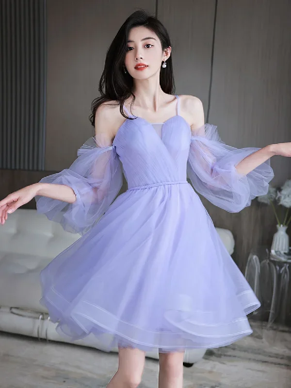 Purple Sweetheart Neck Tulle Short Prom Dress, Puffy Purple Homecoming Dresses